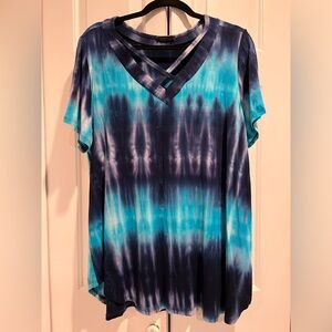 Tie-Dye Short Sleeve Top🩵💙Navy Blue & Turquoise, Cross Cross Neck Detail